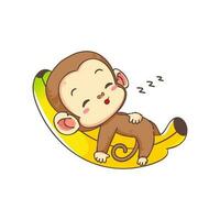 Cute monkey sleeping on the banana cartoon character. Adorable animal mascot concept design. Isolated white background. Flat Vector illustration