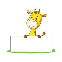 Cute happy giraffe holding empty board cartoon character on white background vector illustration. Funny Adorable animal concept design.