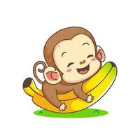 Cute monkey holding banana cartoon character. Adorable animal mascot concept design. Isolated white background. Flat Vector illustration