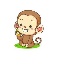 Cute monkey holding banana cartoon character. Adorable animal mascot concept design. Isolated white background. Flat Vector illustration