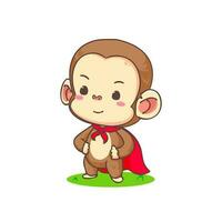 Cute monkey hero cartoon character. Adorable animal mascot concept design. Isolated white background. Flat Vector illustration