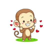 Cute monkey with love hand sign cartoon character. Adorable animal mascot concept design. Isolated white background. Flat Vector illustration