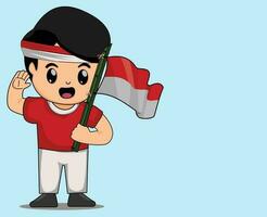 Cute Boy Holding Red and White Indonesian Flag vector