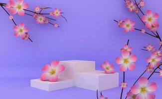 Empty display for product presentation, stage with sakura, 3d rendering photo