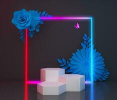 Empty product display for presentation with colorful neon light and flower, cosmetic display, 3d rendering photo