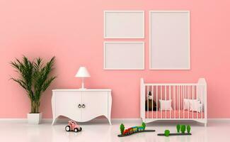 burlarse de arriba niños habitación interior decorado, pared en niño habitación con imagen marco, 3d representación foto