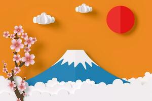 Fuji mountain with sakura and red sun paper style, 3d rendering photo