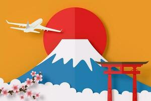 Fuji mountain with Torii and red sun paper style, 3d rendering photo