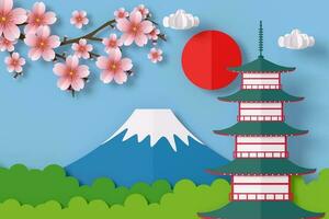 Japan temple with fuji mountain paper style, 3d rendering photo
