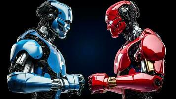 competencia de ai artificial inteligencia tecnología negocio concepto, rojo y azul ai artificial inteligencia humanoide robot boxeo cara apagado un concursante en un boxeo fósforo, generativo ai ilustración foto