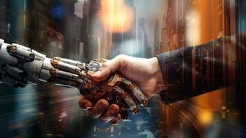 AI Artificial Intelligence shaking hand with human businessman, AI and Human handshake partnership and teamwork concept, Generative AI illustration photo