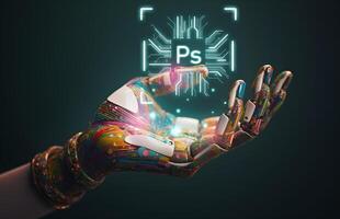 AI humanoid hand holding PS microchip hologram, AI art generator technology concept, Generative AI illustration photo