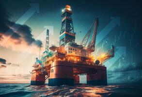 Offshore oil and gas rig platform with beautiful sky, Oil natural gas price chart, Oil Price crisis concept, Generative AI illustration photo