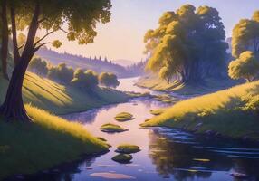 The river flows through the forest background photo