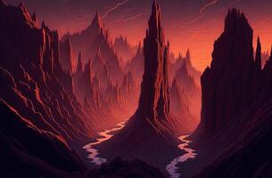 A digital painting of a river in a desert with mountains photo
