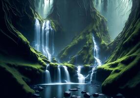 A waterfall in a forest with moss on the bottom photo