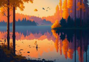 Lakeside paintings beautiful AI Generative background scenery photo