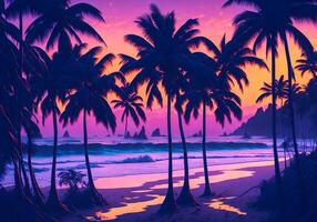 Palm trees on a beach with a purple sky background photo
