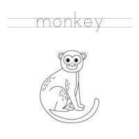 Trace the letters and color cartoon monkey. Handwriting practice for kids. vector