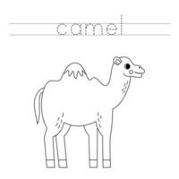 rastro el letras y color dibujos animados camello. escritura práctica para niños. vector