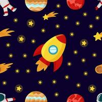 Space seamless pattern with cartoon rocket and solar system planets. vector