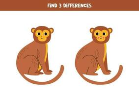 Find three differences between two pictures of cute monkey. Game for kids. vector