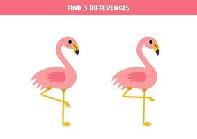 Find three differences between two pictures of cute flamingos. Game for kids. vector