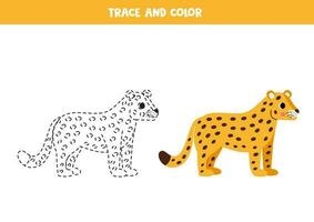 Trace and color cartoon yellow jaguar. Worksheet for children. vector