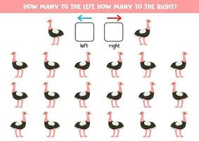 Left or right with cute cartoon ostriches. Logical worksheet for preschoolers. vector