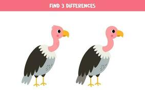 Find three differences between two pictures of cute vultures. Game for kids. vector