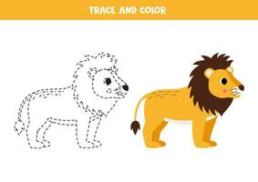 Trace and color cartoon yellow lion. Worksheet for children. vector