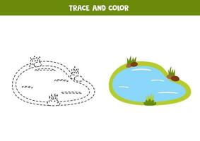 Trace and color cartoon water pond. Worksheet for children. vector