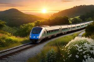 un tren en el selva con puesta de sol. generativo ai. foto