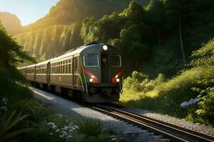 A train in the jungle with sunset. Generative ai. photo