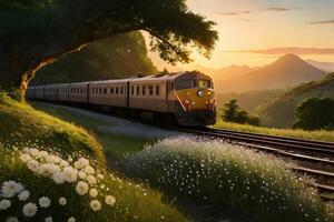 A train in the jungle with sunset. Generative ai. photo