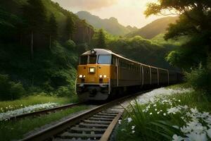 A train in the jungle with sunset. Generative ai. photo