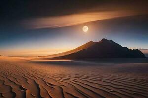 Moon ground with sunset desert. Generative ai. photo