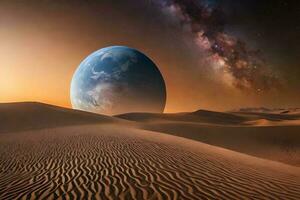 Moon ground with sunset desert. Generative ai. photo