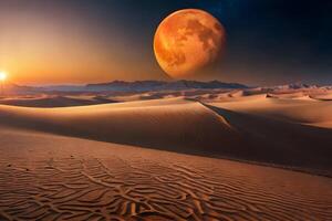 Moon ground with sunset desert. Generative ai. photo