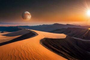 Moon ground with sunset desert. Generative ai. photo