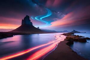 Vibrant color nebula with magical glowing trails. . photo