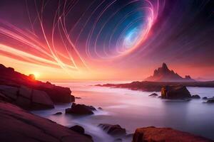 Vibrant color nebula with magical glowing trails. . photo