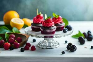 Blackberry lemonade cupcakes, generative ai. photo