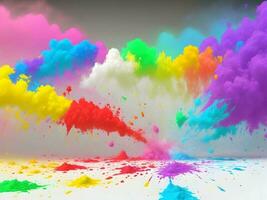 holi paint color powder explosion isolated white wide panorama background. Generative ai. photo