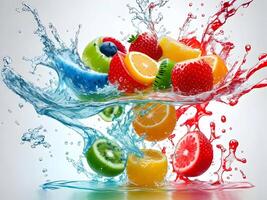 a fresh colorful tasty fruit splashing into cold water isolated on white background. . photo