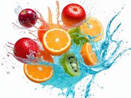 a fresh colorful tasty fruit splashing into cold water isolated on white background. . photo