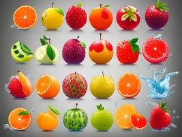 a fresh colorful tasty fruit splashing into cold water isolated on white background. . photo