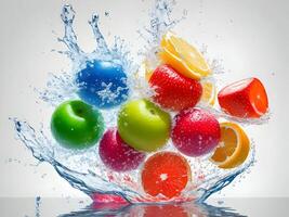 a fresh colorful tasty fruit splashing into cold water isolated on white background. Generative ai. photo