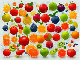 a fresh colorful tasty fruit splashing into cold water isolated on white background. Generative ai. photo