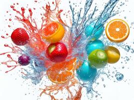 a fresh colorful tasty fruit splashing into cold water isolated on white background. . photo
